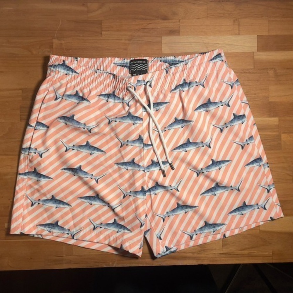 Surf & Swim Mens Lined Swim Trunks Large, Orange Stripe‎ And Shark Pattern